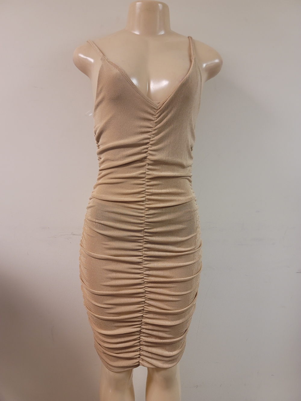 Ruched V-Neck Slip Dress in Beige - Unbranded